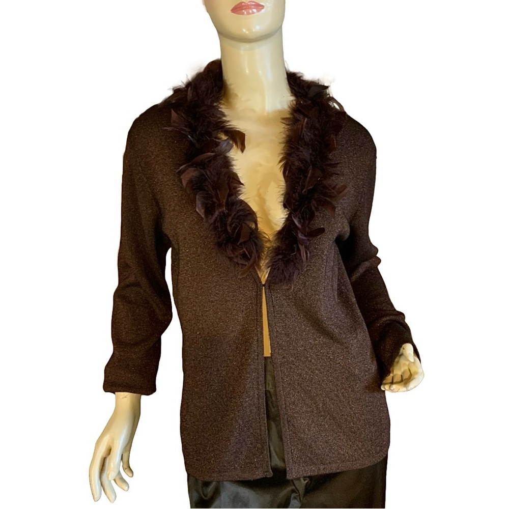 VINTAGE Y2K DRESSBARN BROWN W/METALLIC THREAD CARDIGAN W/FAUX FEATHER COLLAR (M) - Picture 2 of 14